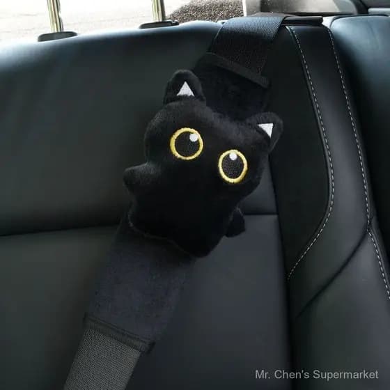 Protetor de cinto de segurança, almofada de ombro para carro em pelúcia macia com formato de gato preto, alivia o estres