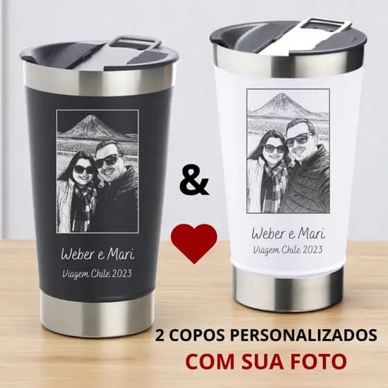 Kit com 2 Copos Térmicos casal com Foto Gravada a Laser – Presente Personalizado
