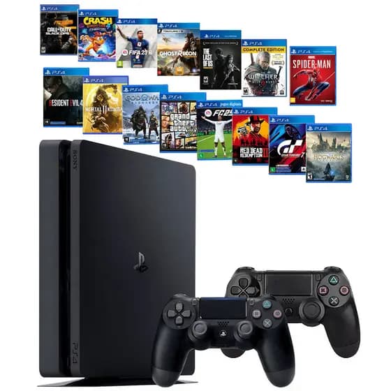 PS4 Slim com 1 ou 2 Controles + 30 Jogos + 3 Meses PlayStation Plus