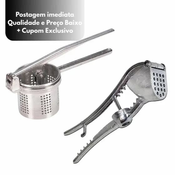 Amassador de Alho Inox 5 em 1 + Amassador de Batata Manual Profissional Inox