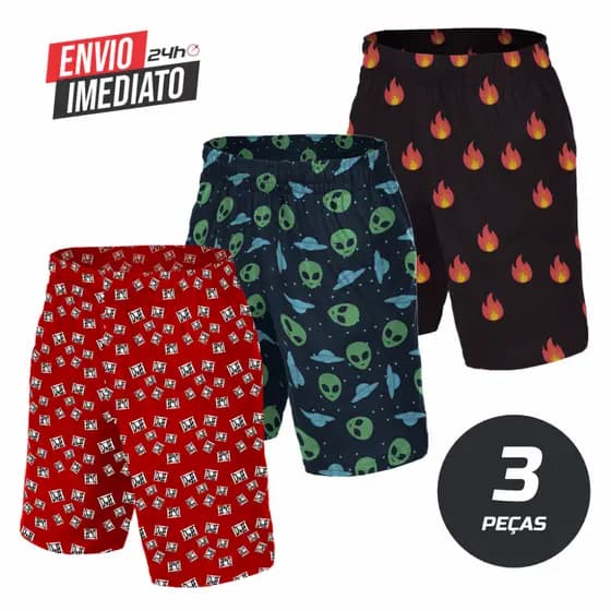 KIT 3 Cuecas Shorts Samba Cançao Pijama Estampado Masculino Microfibra