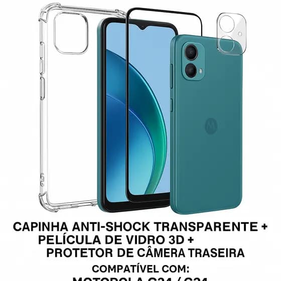 capinha anti-shock transparente + pelicula de vidro 3d + camera traseira motorola G04/G24
