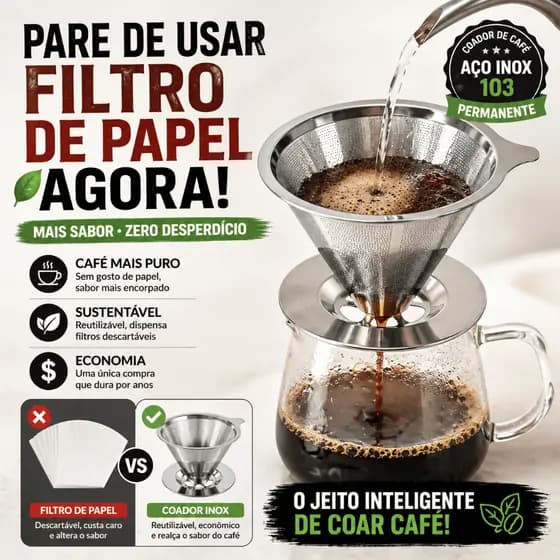 Coador de Café Inox 103 Permanente Filtro Reutilizável Sem Papel Aço Inox 304