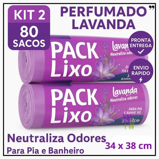 Saco de Lixo Perfumados Lavanda 80 Sacos Para Pia e Banheiro 34x38cm Neutraliza Odores
