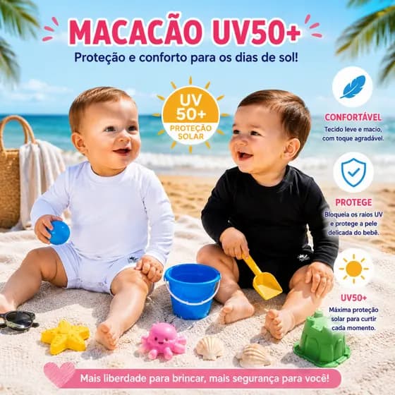 Macacão Curto Bebê Manga Longa Romper Macaquinho Proteção Solar UV50+ Poliamida Praia Verão Piscina