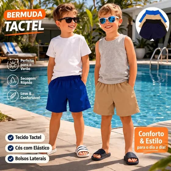 Bermuda Tactel Premium com Elastano Infantil e Juvenil Verão Praia Piscina Secagem Rápida