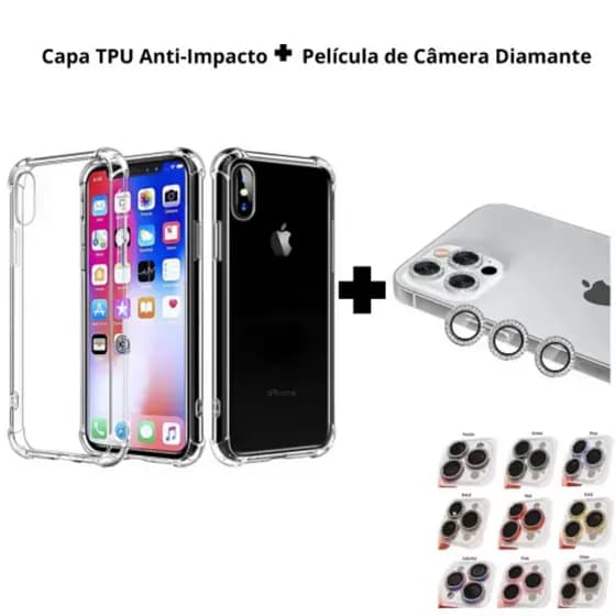 Kit Capa Tpu Anti-Impacto Transparente + Película De Câmera Diamante 16 15 14 Plus - Linha Premium