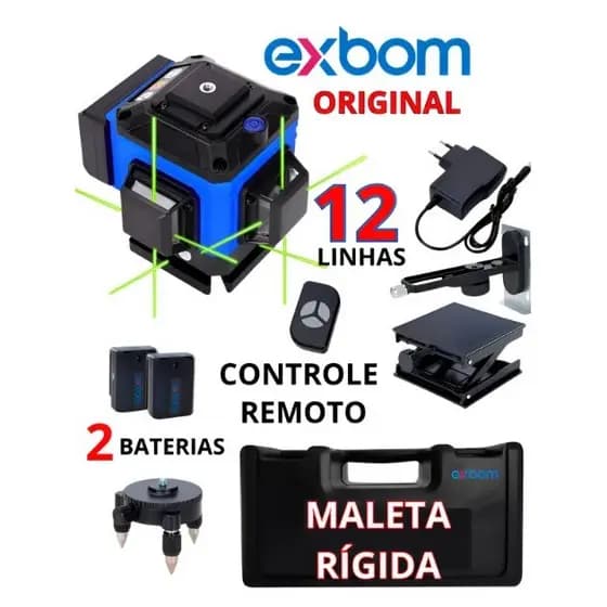 Nível Laser 3d Exbom 12 Linhas Verde Maleta Rígida Esquadro Prumo 2 Baterias Recarregável Controle