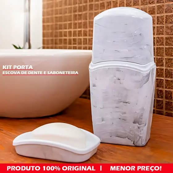 KIT Porta Escovas De Dentes e Saboneteira Plastico Com Estampa De Marmore - Porta-Escova Jaguar Moderno Envio Imediato