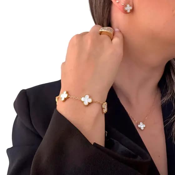 Pulseira Van Trevo Banhado Ouro 18k - Trevo Branco