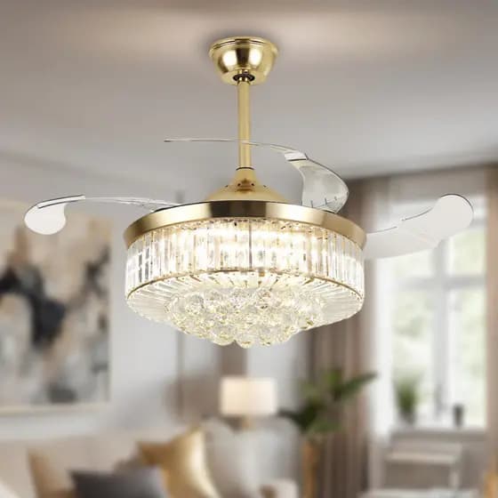 Ventilador De Teto Retrátil Air Cristal Dourado Lustre Led 60w Bivolt Opus Controle Remoto