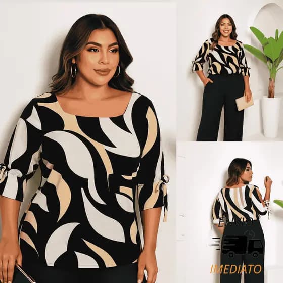 Blusa Feminina com Decote Quadro ombro a mostra manga 3/4 elegante moda escritório moderna