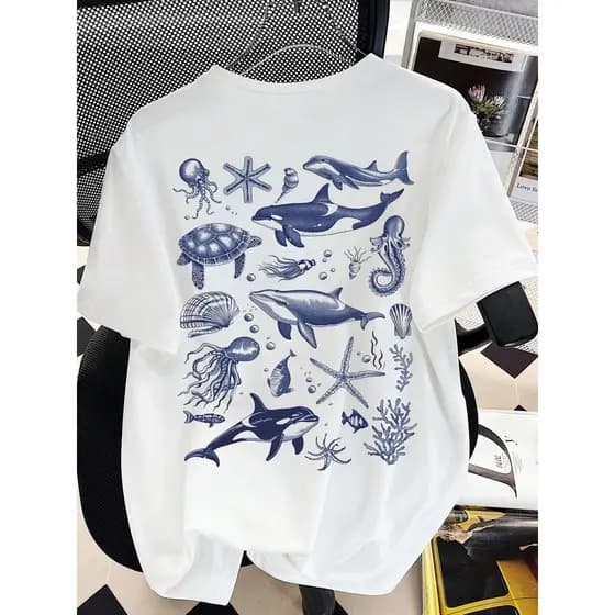 Camiseta camiseta blusa Feminina Estampada fundos do mar