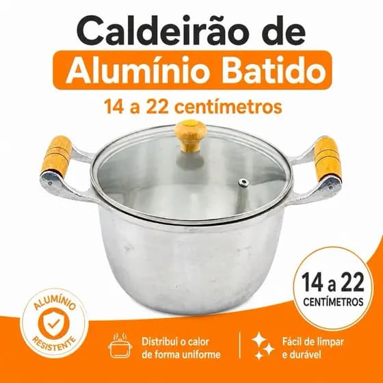 Caldeirão de Alumínio Batido com Tampa de Vidro 14 a 22 cm – Resistente com Alças de Madeira