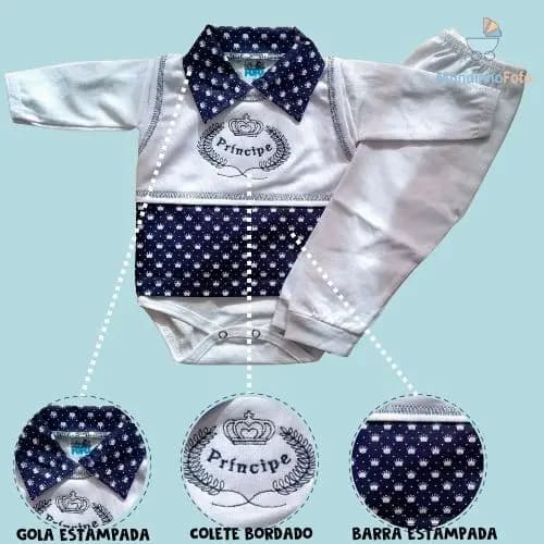 Conjunto Pagão Body Bebê Calça Colete Bordado Kit 3 peças, Menino