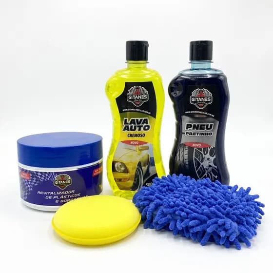 Kit Shampoo Lava Auto 500ml + Pneu Pretinho 500ml + Revitalizador de Plástico 200g + Luva Microfibra + Aplicador de Cera
