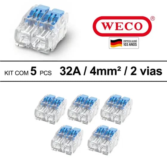 Kit 5 Conector Rápido 2 Vias 32A Fios 0,75mm 1,5mm 4mm Elétrico Emenda Alavanca Mola WECO 1692 221
