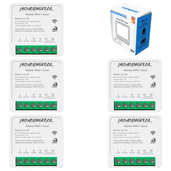 Kit 5 Mini Relé Interruptor Wifi Inteligente 3way Alexa Google Automação Tuya NOVADIGITAL MS-105 App