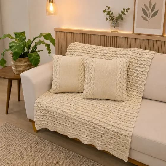 Kit Manta Decorativa para Sofá Tricô Grosso 150x100 + 2 Capas Almofada 45x45 | Sala, Quarto, Decoração Luxo