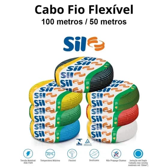 Cabo Flexível SIL 6,00mm Fio Elétrico Anti Chamas 750V Colorido 50 / 100 Metros - SIL FIOS
