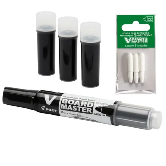 Kit Pincel Marcador Pilot V Board Master Quadro Branco Recarregável Preto Refil Mais 3 Pontas Reposição Original