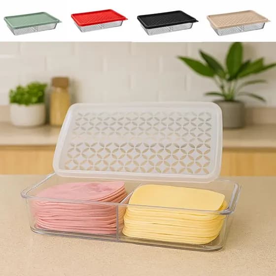 Porta Frios Duplo Hermético Com Tampa - Pote Organizador para Presunto, Queijo e Frios 2 Divisórias