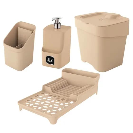 Organizador Pia Cozinha Uz – Kit 4 Peças com Lixeira, Escorredor Louças, Talheres e Detergente