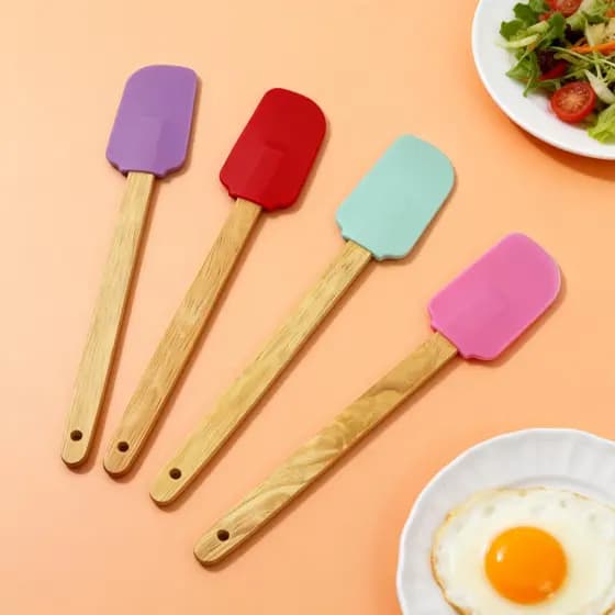 Kit 4 Espátulas Colher de Silicone Cabo Bambu,28cm