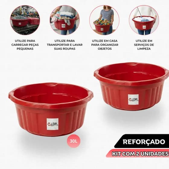 Kit 2 Bacias Plásticas Reforçadas 30L Amarela ou Vermelha Profissional Reforçada
