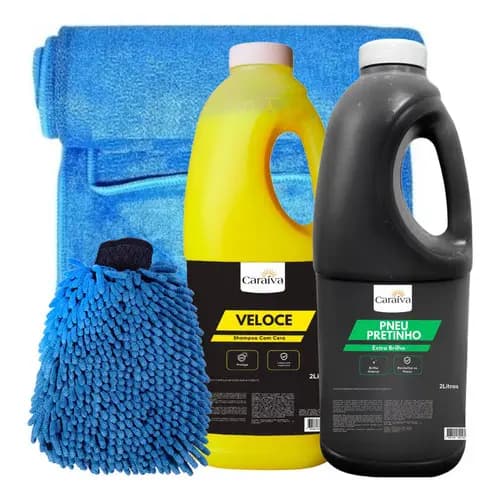 Kit Shampoo Com Cera Automotivo Pneu Pretinho Toalha Luva