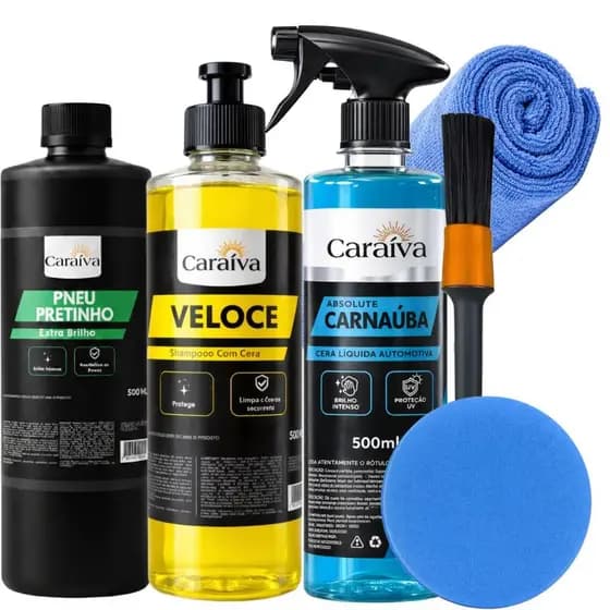 KIT LIMPEZA COMPLETO PARA LAVAR CARRO CERA DE CARNAUBA LIQUIDA SHAMPOO NEUTRO CONCENTRADO PNEU PRETINHO PINCEL PANO