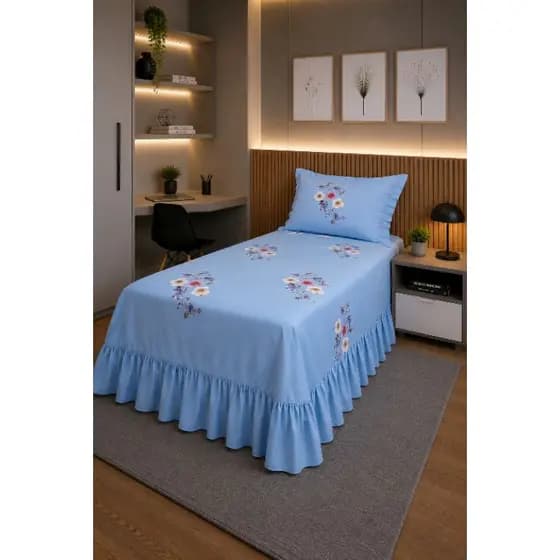 JOGO DE CAMA COBRE LEITO 2 PEÇAS SOLTEIRO BABADINHO EM MICROPERCAL 200 FIOS ESTAMPADO