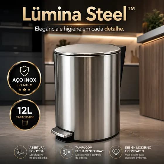 Lixeira Inox 12L Slim com Pedal Tampa Anti Odor Moderna Lümina Steel Redonda Premium 12 Litros Steel