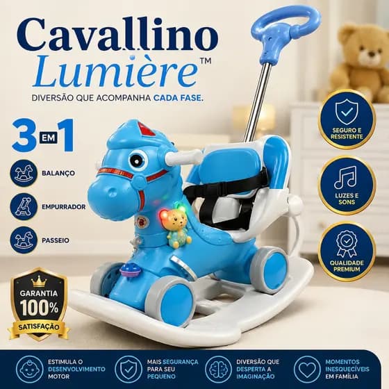 Cavalinho Infantil 3 em 1 Com Empurrador Balanço Luz e Sons Brinquedo Educativo para bebês Azul