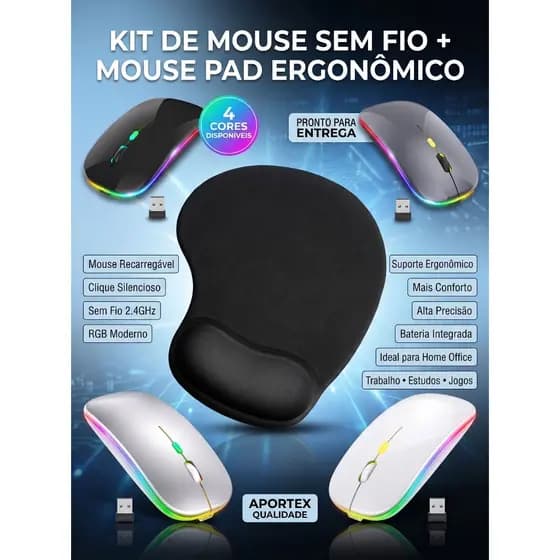 Kit Mouse Sem Fio Recarregável RGB + Mouse Pad Ergonômico Apoio Pulso Aportex