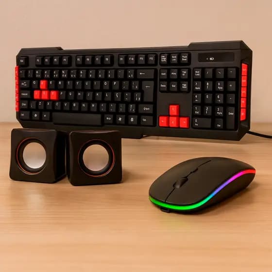 Kit 3 em1 Mouse Wireless RGB + Teclado Multimidia Sem Fio USB + Caixa De Som 6W P2