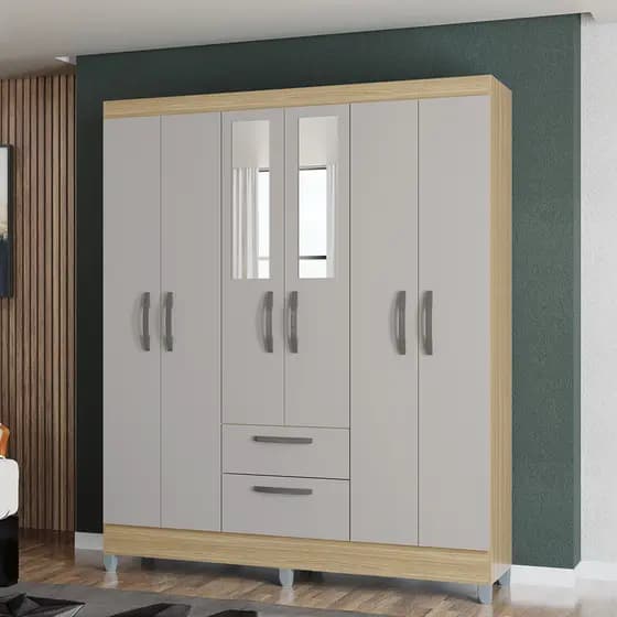 Guarda Roupa Casal com Espelho e Pés 6 Portas 2 Gavetas Multi Poquema