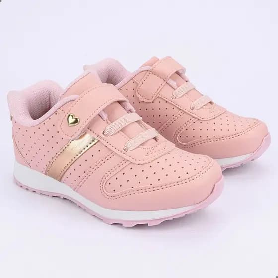 Tênis Infantil Feminino Rosa Confortável Respirável Detalhe Dourado Promoção