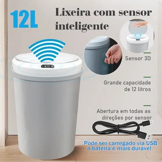 Lixeira Automática Redonda 12 Litros com Sensor Lixeira Inteligente Automatica Lixeira com Sensor de presença Cinza