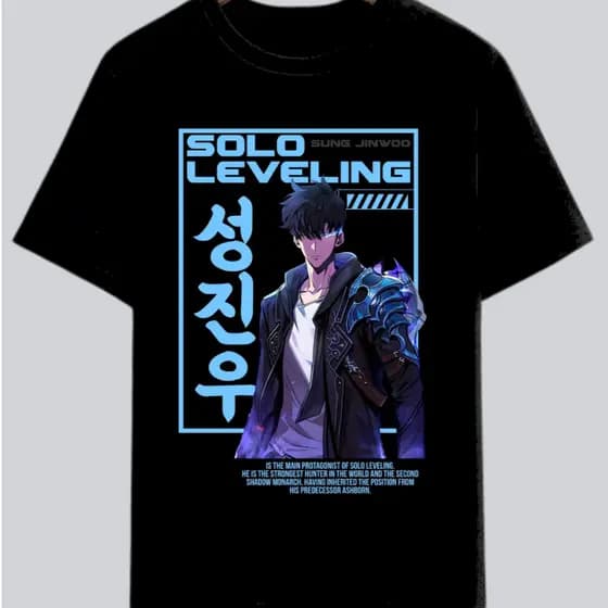 Camisetas Pretas Anime Solo Leveling T-shirt Sung Jin Woo Blusa Unissex 100% Algodão Mangá Coreano Street