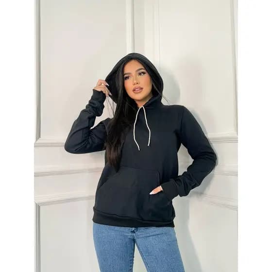 Blusa Moletom Feminina Bolso Canguru e Capuz Com Felpa Fofinho
