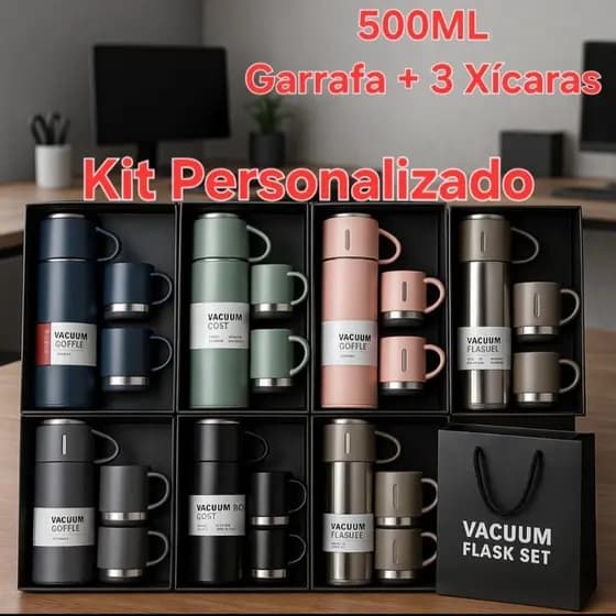 Kit Garrafa + 3 Xícaras Personalizados 500 ML Squeeze Térmica Bebida quente e fria