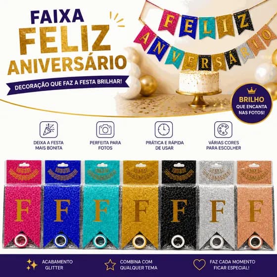Varal Festa Letras Faixa Feliz Aniversário Glitter Bandeirola Decoração Mesa Do Bolo Painel Parede