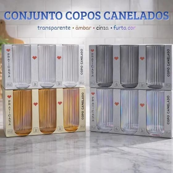 Cj 6 Copos de Vidro Canelado 430ml Praticasa