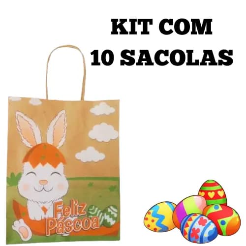 Sacolas Papel Kraft Kit Com 10 Pascoa Chocolate Doce Coelho Presente Embalagem Natural