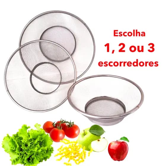 Kit 3 Cestos De Inox Escorredor 24 21 E 18CM Para Lavar Alimentos Arroz Legumes Frutas Massas
