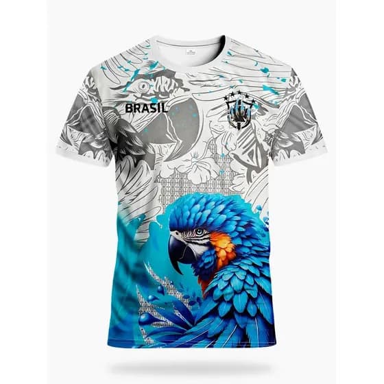 Camisa Masculina Do Time De Futebol Nacional Com Papagaio tropical Respirável E Gráficos De Bandeira Brasileira . Secage