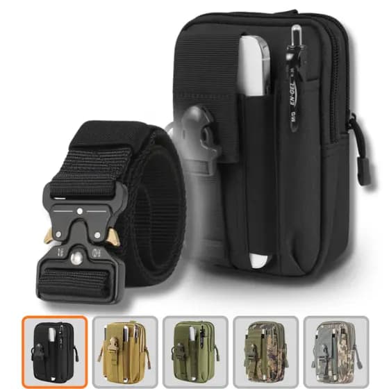 Cinto Tático Fivela Metal Engate Rápido + Bolsa Pochete Tática Porta Treco Celular