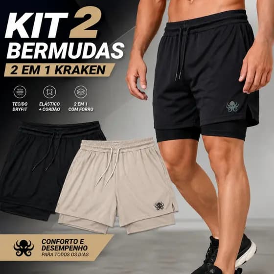 Kit 2 Shorts 2 em 1 Kraken Performance, Tecnologia e Conforto em Cada Detalhe