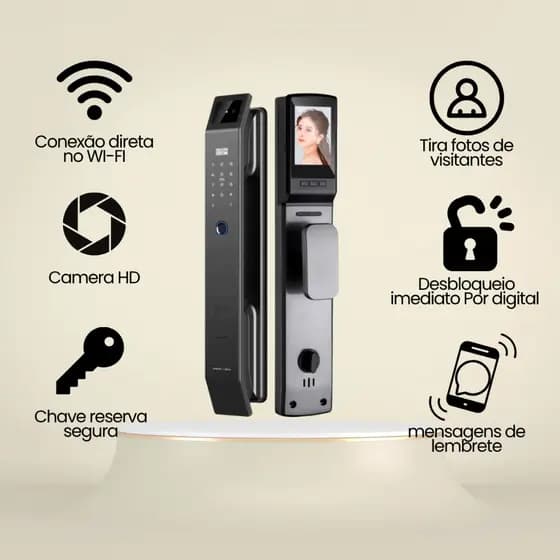 Fechadura eletrônica inteligente câmera, reconhecimento facial 3D, Digital Biométrica Envio Imediato